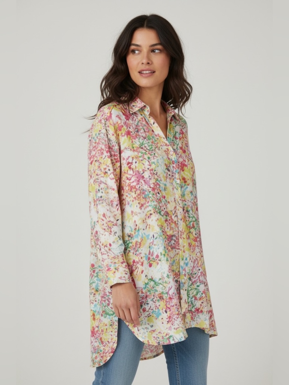 Happy Few Cotton Splatter Multicolor Button Up Tunic Oversized Top